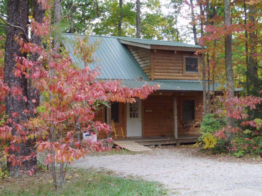 Hideaway Cabin Outside with Fall Leaves