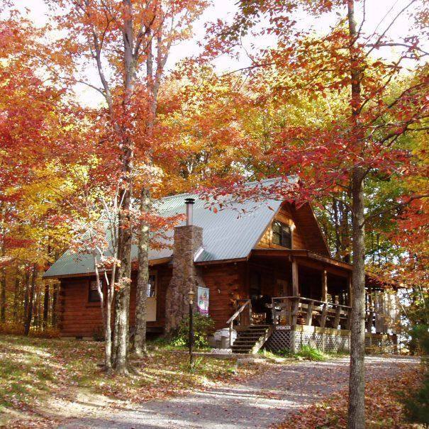 Spencer Cabin Outside with Fall Leaves