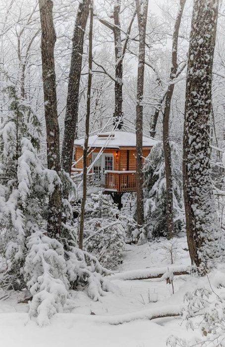 Holly Rock Treehouse Cabin in the Snow